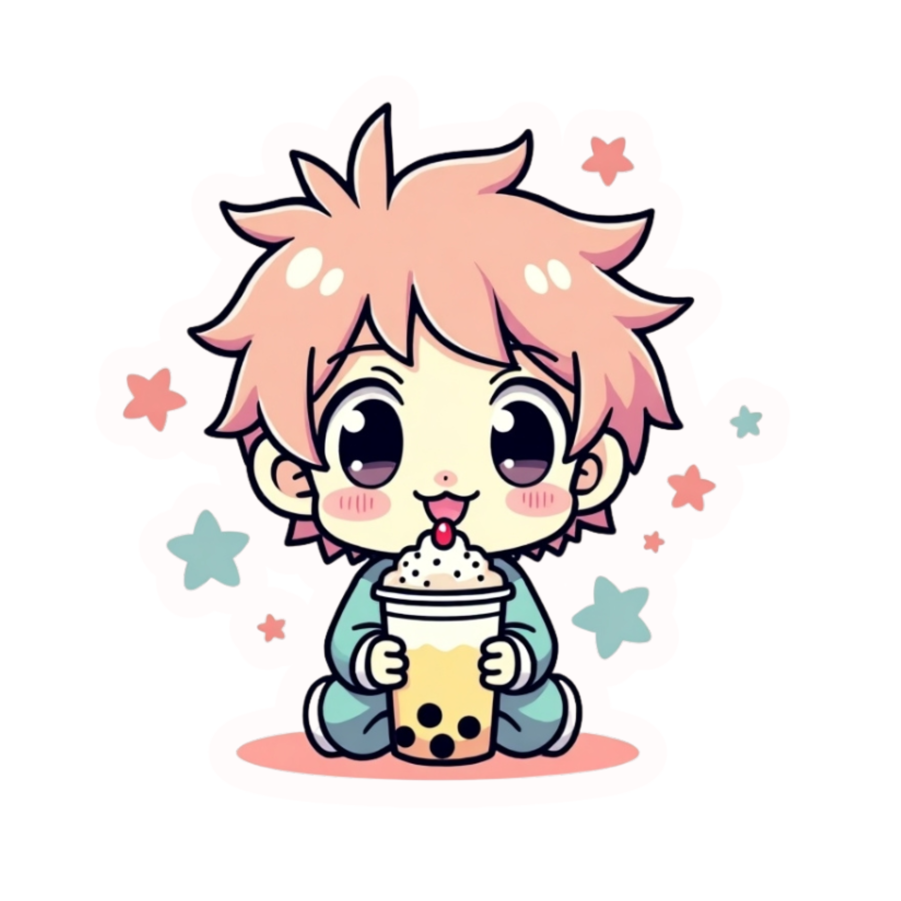 Chibi Boy Drinking Boba Tea Cute Anime Sticker Design 02 [Digital Download]